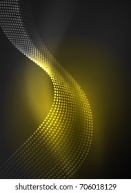 Glowing wave created with particles on dark color background. Vector digital techno illustration