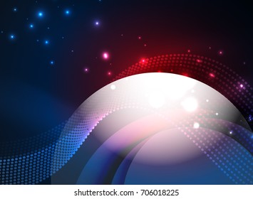 Glowing wave created with particles on dark color background. Vector digital techno illustration