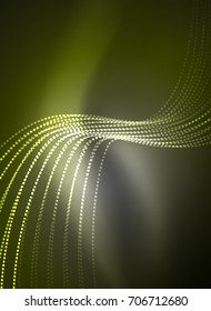 Glowing wave created with particles on dark color background. Vector digital techno illustration