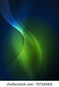 Glowing wave created with particles on dark color background. Vector digital techno illustration