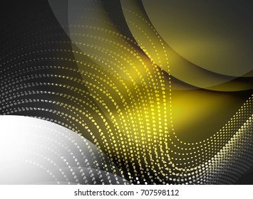 Glowing wave created with particles on dark color background. Vector digital techno illustration