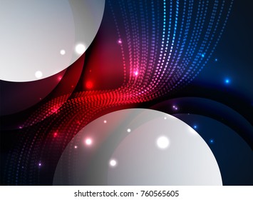 Glowing wave created with particles on dark color background. Vector digital techno illustration