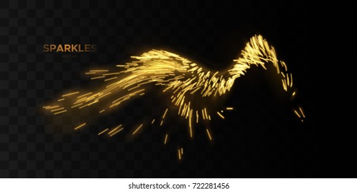 Glowing wave of golden motion sparkles isolated on black background. Shiny streaming particles. Light effect for design. Comet trail. Party flyer decoration element. Glittering splash wave shape