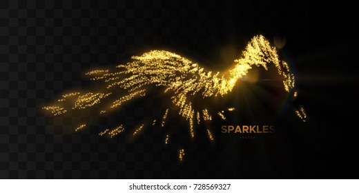 Glowing wave of golden motion sparkles isolated on black background. Shiny streaming particles. Light effect for design. Glittering splash wave shape