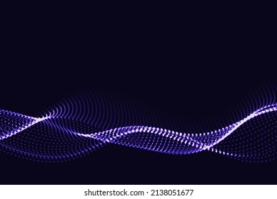 Glowing wave of particles on a dark blue background. Abstract technology or science banner. Cyber space background
