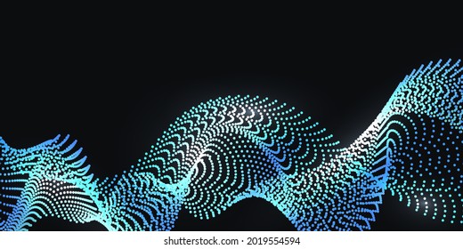 Glowing Wave Swirl, Dot Pparticles Synergy Effect. Nano Technology And Big Data Science, Ceber Space And Cosmic Universe. Tech Futuristic Wave, Abstract Background. Vector Illustration