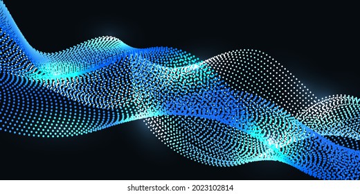 Glowing Wave Swirl, Dot Pparticles Synergy Effect. Nano Technology And Big Data Science, Ceber Space And Cosmic Universe. Tech Futuristic Wave, Abstract Background. Vector Illustration