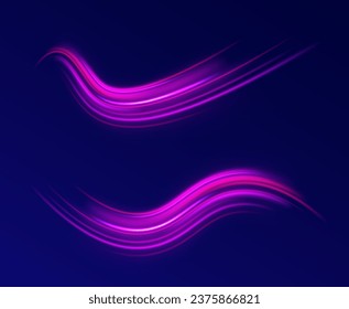 Glowing wave swirl, impulse cable lines. Purple sparkle waves with light effect on dark vector background. High speed affect motion blur. Sparkling wavy light effect. Futuristic neon light line trails