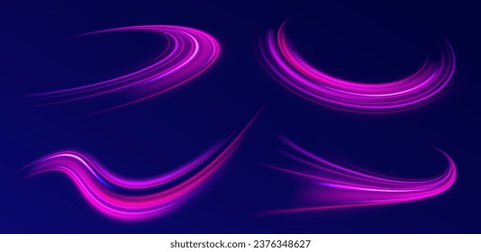 Giro de onda brillante, líneas de cable de impulso. Ondas espumosas púrpuras con efecto claro sobre el fondo vectorial oscuro. La alta velocidad afecta a la borrosidad del movimiento. Efecto de la luz ondulante. Pistas de luz de neón futurista