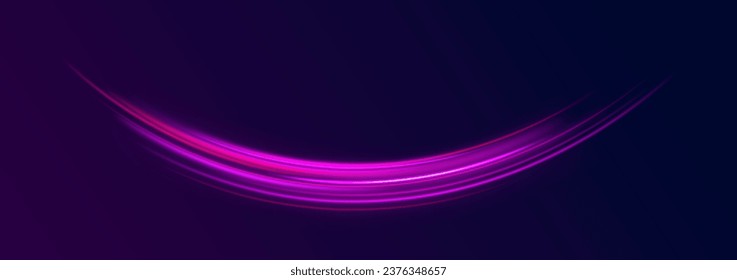 Glowing wave swirl, impulse cable lines. Purple sparkle waves with light effect on dark vector background. High speed affect motion blur. Sparkling wavy light effect. Futuristic neon light line trails