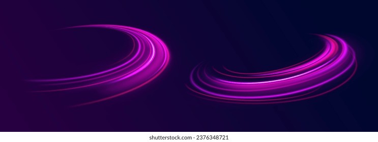 Glowing wave swirl, impulse cable lines. Purple sparkle waves with light effect on dark vector background. High speed affect motion blur. Sparkling wavy light effect. Futuristic neon light line trails