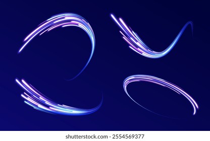 Glowing wave swirl, impulse cable lines. High-speed light trails effect. Futuristic dynamic motion technology. Png, neon, line, blur, beam, ray, abstract, energy. Neon color glowing lines background. 