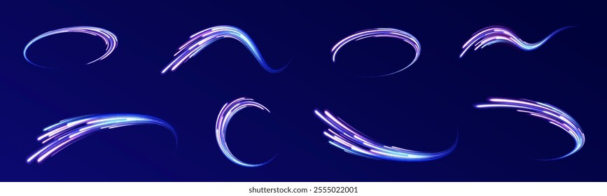 Glowing wave swirl, impulse cable lines. High-speed light trails effect. Futuristic dynamic motion technology. Png, neon, line, blur, beam, ray, abstract, energy. Neon color glowing lines background. 