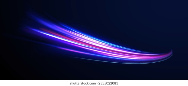 Glowing wave swirl, impulse cable lines. High-speed light trails effect. Futuristic dynamic motion technology. Png, neon, line, blur, beam, ray, abstract, energy. Neon color glowing lines background. 