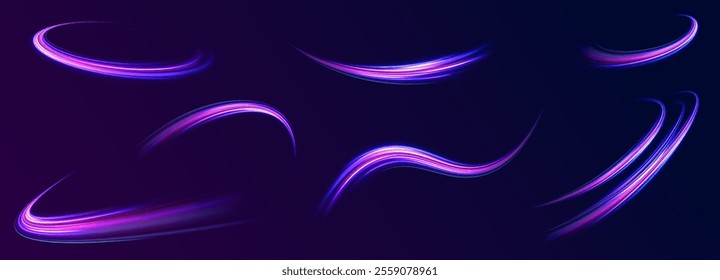 Glowing wave swirl, impulse cable lines. High-speed light trails effect. Futuristic dynamic motion technology. Png, neon, line, blur, beam, ray, abstract, energy. Neon color glowing lines background. 