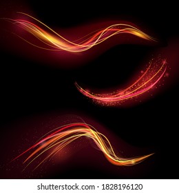 glowing waves, gold glitter particles vector golden light swirl, shining trail for christmas background for space design or fashion