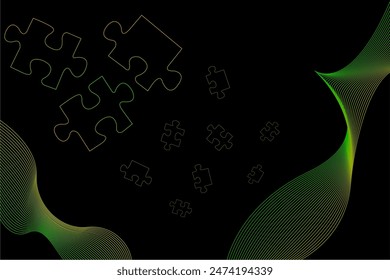 Glowing wavy lines on a black background with a collection of puzzles. abstract background. futuristic technology concept. banners . wallpapers.
