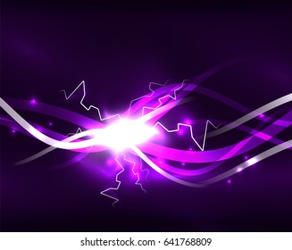Glowing wavy lines template. Color lightning concept in the dark, energy magic abstract background