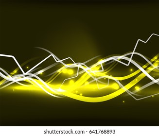 Glowing wavy lines template. Color lightning concept in the dark, energy magic abstract background