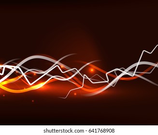 Glowing wavy lines template. Color lightning concept in the dark, energy magic abstract background