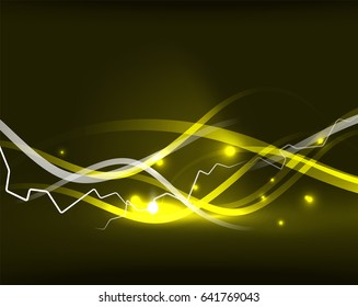 Glowing wavy lines template. Color lightning concept in the dark, energy magic abstract background