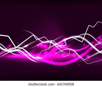 Glowing wavy lines template. Color lightning concept in the dark, energy magic abstract background