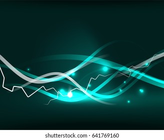 Glowing wavy lines template. Color lightning concept in the dark, energy magic abstract background