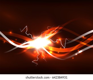 Glowing wavy lines template. Color lightning concept in the dark, energy magic abstract background
