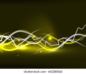 Glowing wavy lines template. Color lightning concept in the dark, energy magic abstract background