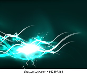 Glowing wavy lines template. Color lightning concept in the dark, energy magic abstract background