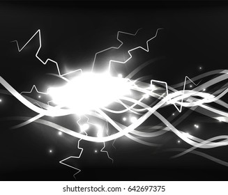 Glowing wavy lines template. Color lightning concept in the dark, energy magic abstract background