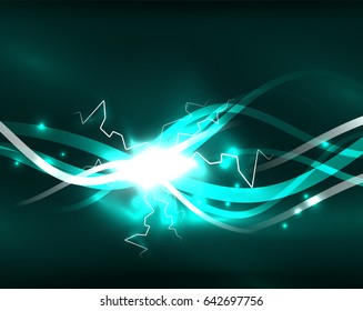 Glowing wavy lines template. Color lightning concept in the dark, energy magic abstract background
