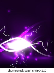 Glowing wavy lines template. Color lightning concept in the dark, energy magic abstract background