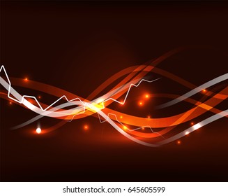 Glowing wavy lines template. Color lightning concept in the dark, energy magic abstract background
