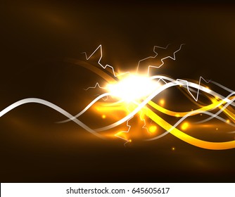 Glowing wavy lines template. Color lightning concept in the dark, energy magic abstract background