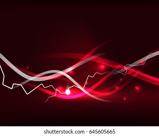 Glowing wavy lines template. Color lightning concept in the dark, energy magic abstract background