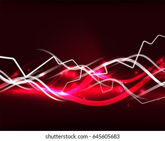 Glowing wavy lines template. Color lightning concept in the dark, energy magic abstract background