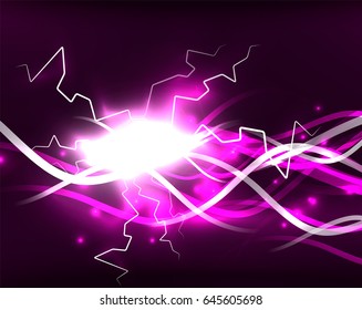 Glowing wavy lines template. Color lightning concept in the dark, energy magic abstract background