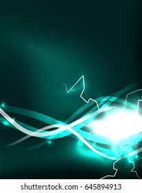 Glowing wavy lines template. Color lightning concept in the dark, energy magic abstract background