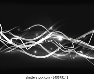 Modelo de linhas onduladas brilhantes. Conceito de relâmpago de cor no fundo abstrato de magia de energia escura