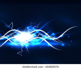 Glowing wavy lines template. Color lightning concept in the dark, energy magic abstract background
