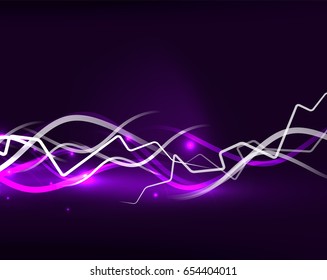 Glowing wavy lines template. Color lightning concept in the dark, energy magic abstract background
