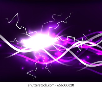 Glowing wavy lines template. Color lightning concept in the dark, energy magic abstract background