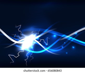 Glowing wavy lines template. Color lightning concept in the dark, energy magic abstract background