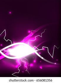 Glowing wavy lines template. Color lightning concept in the dark, energy magic abstract background