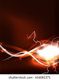 Glowing wavy lines template. Color lightning concept in the dark, energy magic abstract background