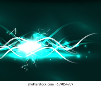Glowing wavy lines template. Color lightning concept in the dark, energy magic abstract background