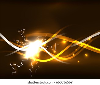 Modelo de linhas onduladas brilhantes. Conceito de relâmpago de cor no fundo abstrato de magia de energia escura