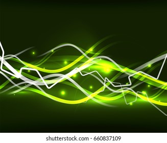 Glowing wavy lines template. Color lightning concept in the dark, energy magic abstract background