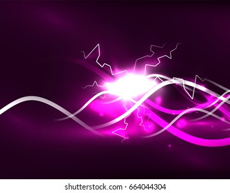 Glowing wavy lines template. Color lightning concept in the dark, energy magic abstract background